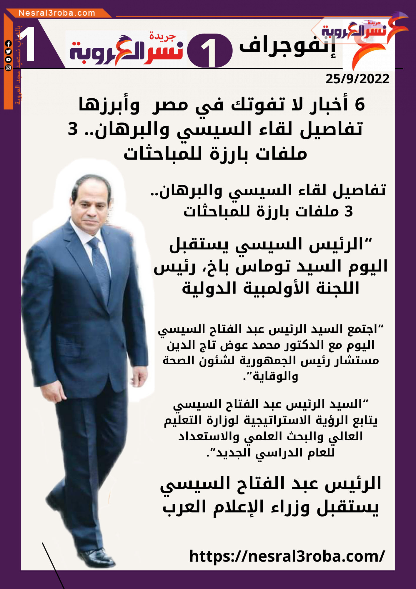 إنفوجراف 1 جريدة " نسرالعروبة " وأبرز الموضوعات لقاء الرئيس السيسي والبرهان.. 3 ملفات بارزة للمباحثات