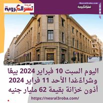 اليوم السبت 10 فبراير 2024 بيعًا وشراءًغدا الأحد 11 فراير 2024 أذون خزانة بقيمة 62 مليار جنيه