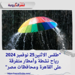 "طقس الاثنين25 نوفمبر 2024:.. رياح نشطة وأمطار متفرقة على القاهرة ومحافظات مصر"