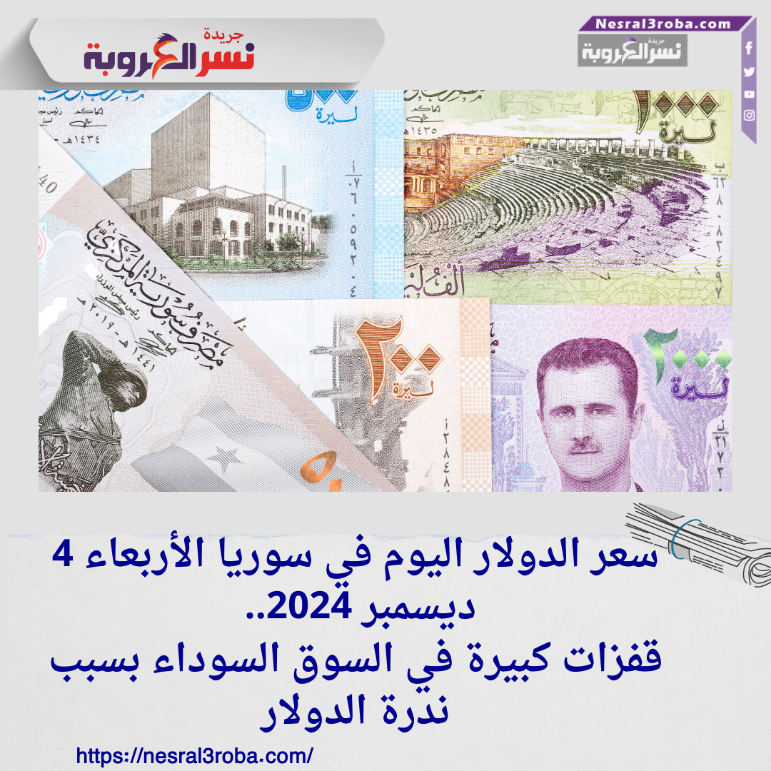 سعر الدولار اليوم في سوريا الأربعاء 4 ديسمبر 2024.. قفزات كبيرة في السوق السوداء بسبب ندرة الدولار