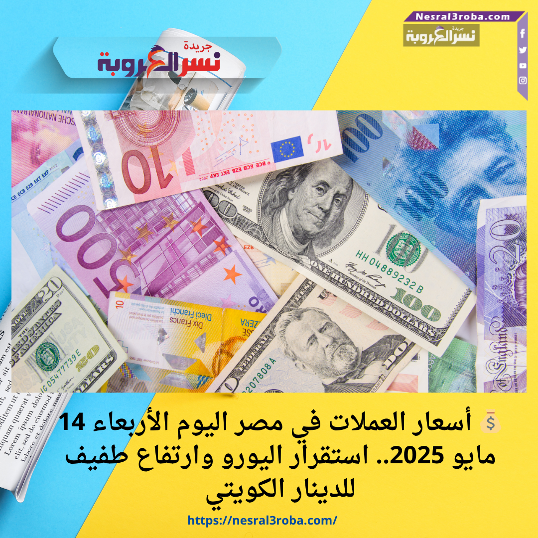 💰 أسعار العملات في مصر اليوم الأربعاء 14 مايو 2025.. استقرار اليورو وارتفاع طفيف للدينار الكويتي