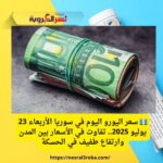 💶 سعر اليورو اليوم في سوريا الأربعاء 23 يوليو 2025.. تفاوت في الأسعار بين المدن وارتفاع طفيف في الحسكة
