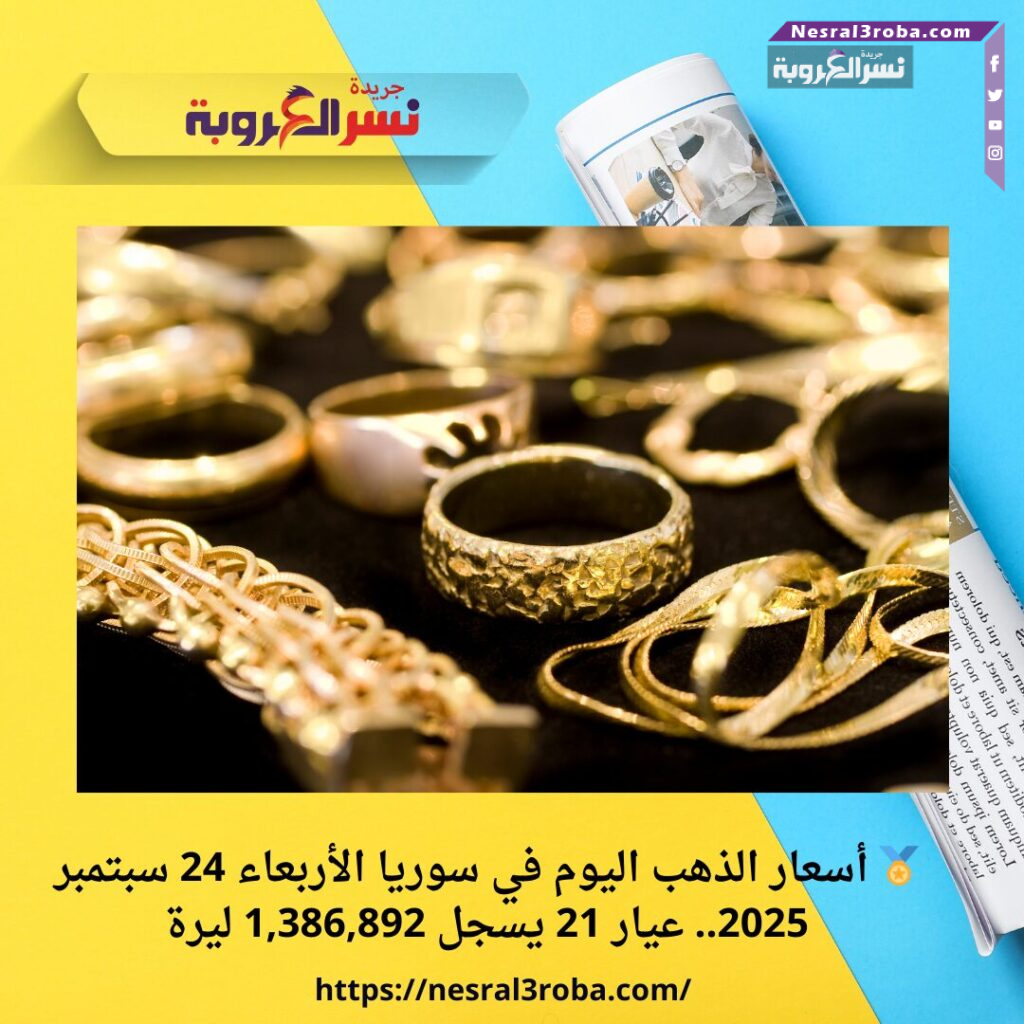 🏅 أسعار الذهب اليوم في سوريا الأربعاء 24 سبتمبر 2025.. عيار 21 يسجل 1,386,892 ليرة
