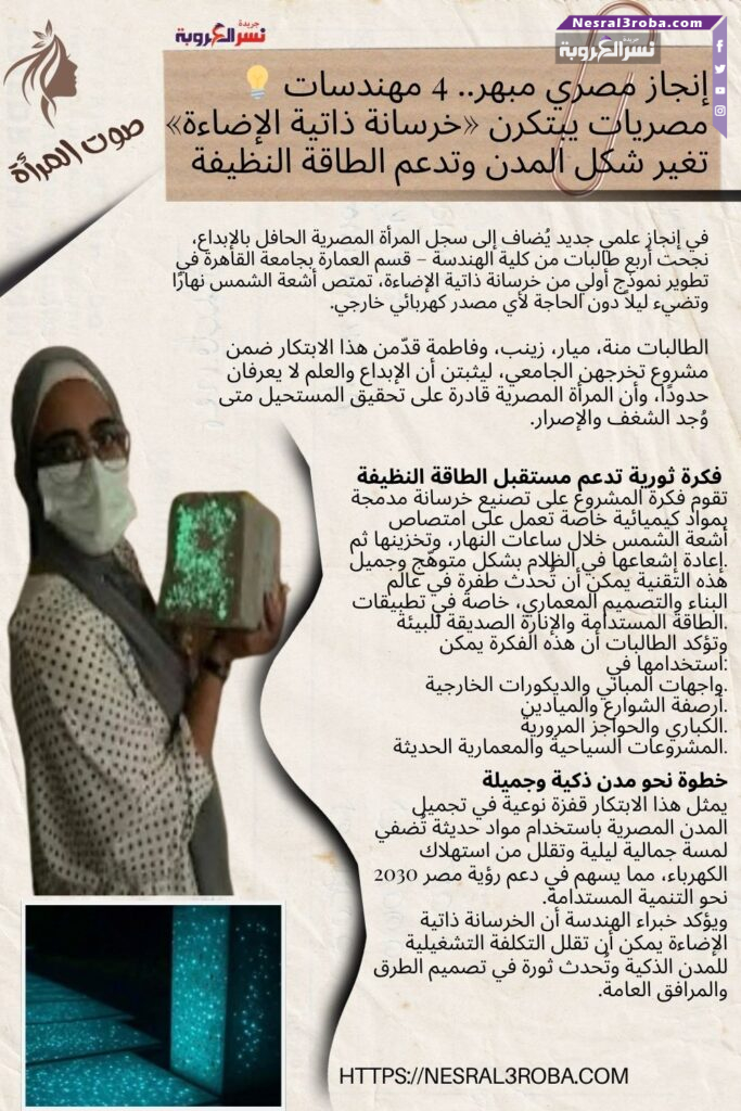 💡 إنجاز مصري مبهر.. 4 مهندسات مصريات يبتكرن «خرسانة ذاتية الإضاءة» تغير شكل المدن وتدعم الطاقة النظيفة