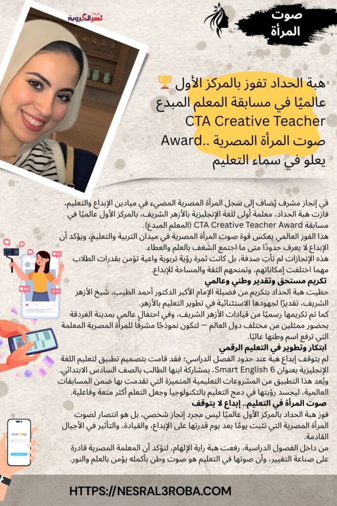 🏆 هبة الحداد تفوز بالمركز الأول عالميًا في مسابقة المعلم المبدع CTA Creative Teacher Award.. صوت المرأة المصرية يعلو في سماء التعليم 36 🏆 هبة الحداد تفوز بالمركز الأول عالميًا في مسابقة المعلم المبدع CTA Creative Teacher Award.. صوت المرأة المصرية يعلو في سماء التعليم