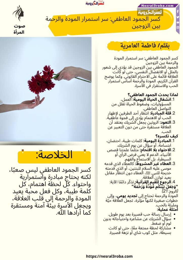 كسر الجمود العاطفي: سر استمرار المودة والرحمة بين الزوجين 25 كسر الجمود العاطفي: سر استمرار المودة والرحمة بين الزوجين