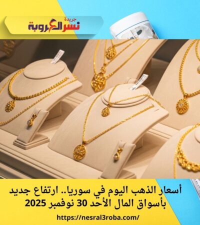 أسعار الذهب اليوم في سوريا.. ارتفاع جديد بأسواق المال الأحد 30 نوفمبر 2025