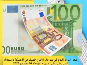 سعر اليورو اليوم في سوريا.. ارتفاع طفيف في الحسكة واستقرار نسبي في باقي المدن – الأربعاء 10 ديسمبر 2025 32 سعر اليورو اليوم في سوريا.. ارتفاع طفيف في الحسكة واستقرار نسبي في باقي المدن – الأربعاء 10 ديسمبر 2025