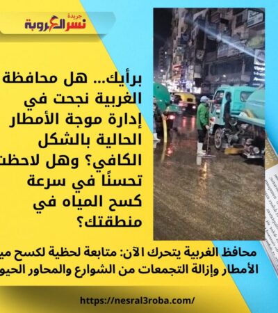 محافظ الغربية يتحرك الآن: متابعة لحظية لكسح مياه الأمطار وإزالة التجمعات من الشوارع والمحاور الحيوية