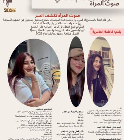 ياسمين خالد.. أفضل صانعة محتوى هادف لعام 2025 في صوت المرأة