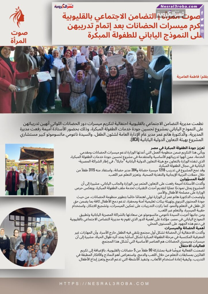بصوت المرأة | التضامن الاجتماعي بالقليوبية تكرم ميسرات الحضانات بعد إتمام تدريبهن على النموذج الياباني للطفولة المبكرة 25 بصوت المرأة | التضامن الاجتماعي بالقليوبية تكرم ميسرات الحضانات بعد إتمام تدريبهن على النموذج الياباني للطفولة المبكرة